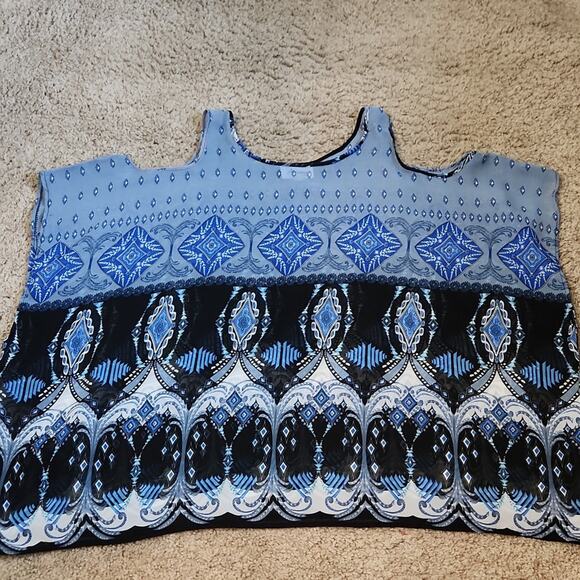 Arianna By Howards Multi-Colored Blouse OS Sheer Cold Shoulder Boho Abstract - Picture 7 of 11